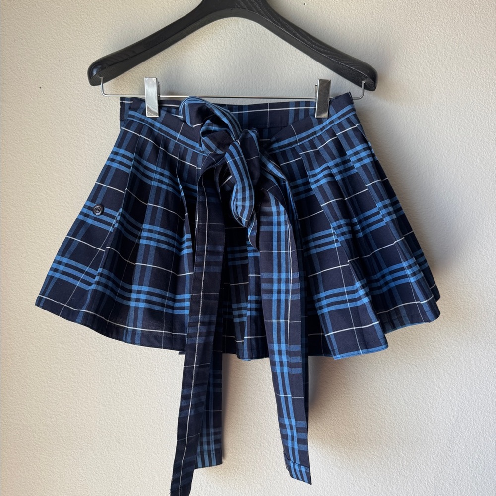 Punk Plaid Navy Blue Skirt with Bow